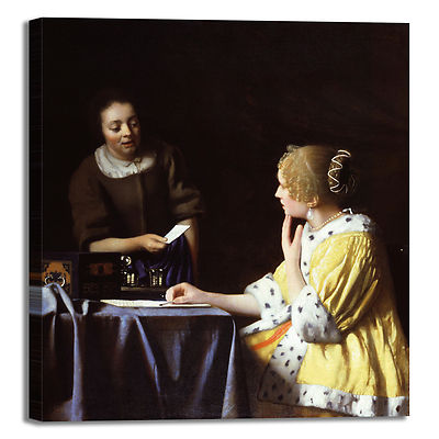 Vermeer Gastgeberin und Kellnerin Design Bild Druck Leinwand Gemälde Rahmen Wohnkultur