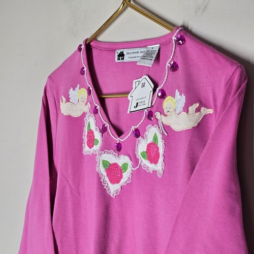 Storybook Knits Heart Cupid T-Shirt M Valentine's Day Lace Jeweled Embroidered - Picture 2 of 7