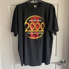 VTG Y2K Amsterdam 2000 New Millennium Short Sleeve T-Shirt Mens XL Black