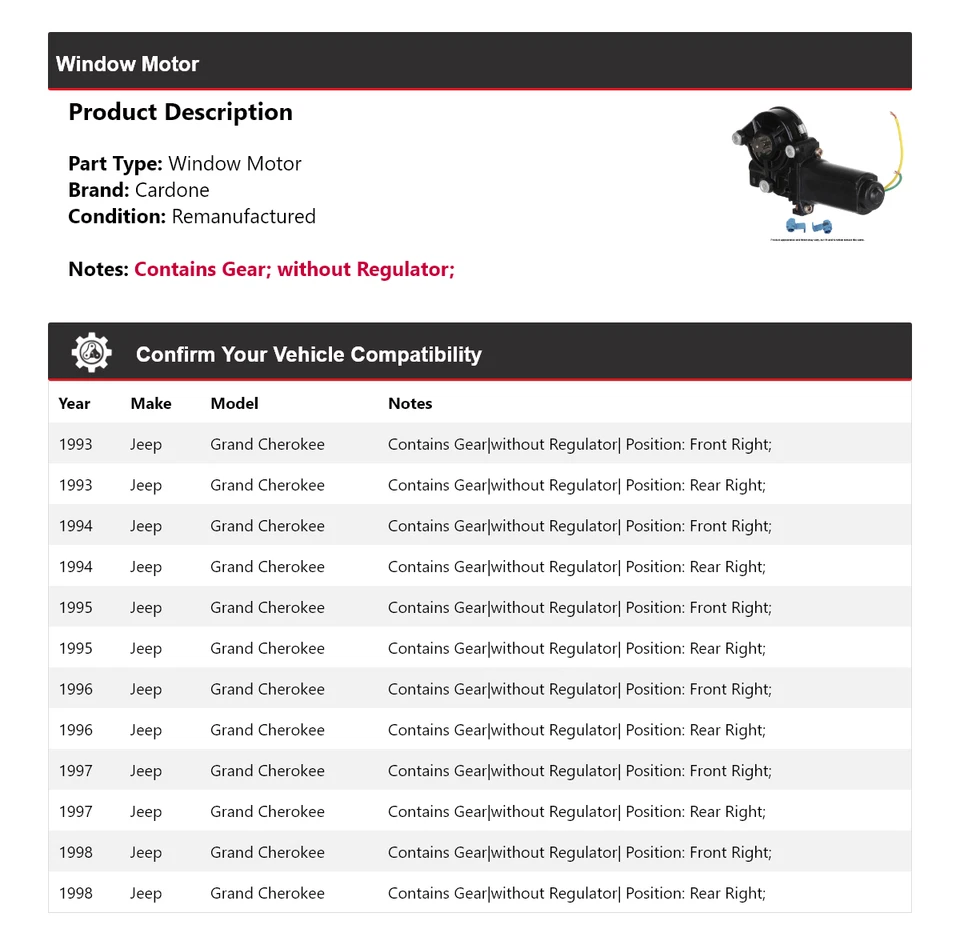 Jeep Grand Cherokee 1993-1998 ventana motor cardone 1994 1995 1996 1997 Foto 2 de 4