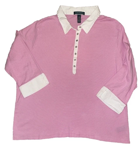 Lauren Ralph Lauren Womens 3X Pink Polo Shirt 3/4 Sleeve Buttons Subtle Stripe