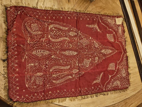 Antique Middle Eastern Embroidered Gold Tree Blue Gilt Thread 16" X 25" Tapestry - Picture 8 of 12