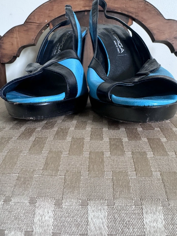 De Colección Y2K Via Spiga Cuero Turquesa Plataforma Eslinga Tacones Traseros Italia Fiesta Diversión Foto 4 de 4