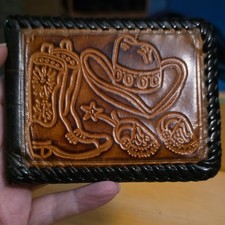 Western Embossed Leather Wallet Cowboy Motif Brown Black Everyday