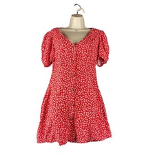 Womens Small Red Ditsy Floral Button Up Dress Puff Sleeve Coquette Feminine