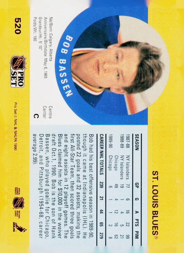 1990-91 Pro Set #520 Bob Bassen - Image 2 of 2