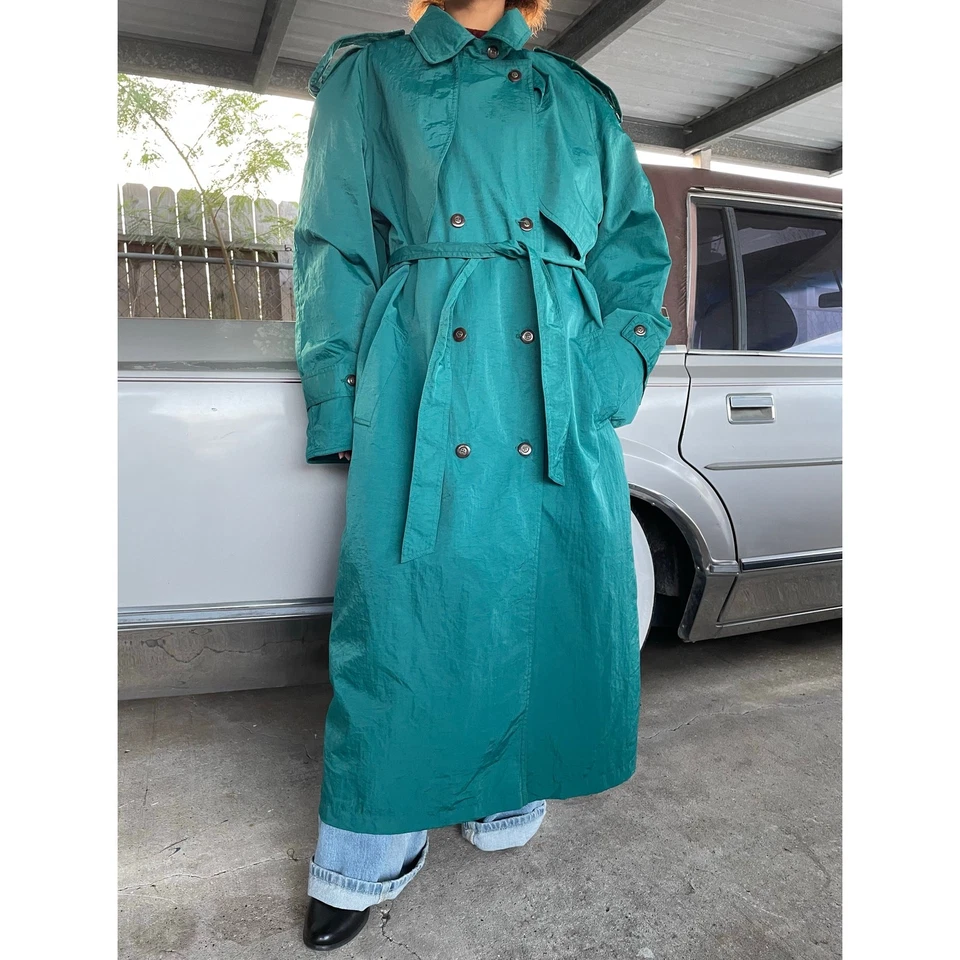 Vintage 80s Maggie Lawrence Double Breasted Long Rain Trench Coat Quilt Line 16 - Image 2 of 4