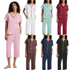 SIORO Women Short Sleeve Pajamas Set Button Down Sleepwear Top with Capri Pants