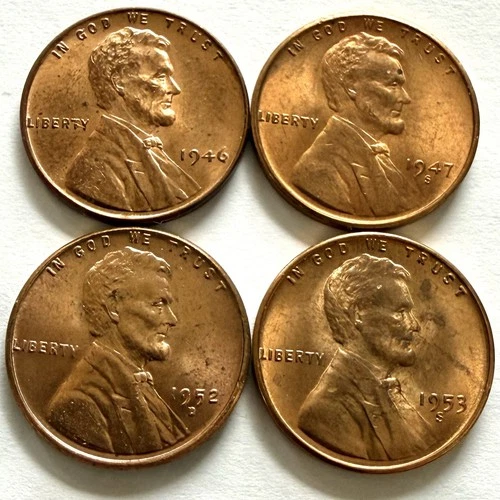 Lot of 4: UNC RED Lincoln Cent Wheat Pennies 1946 47S, 52D, 53S Free Shipping