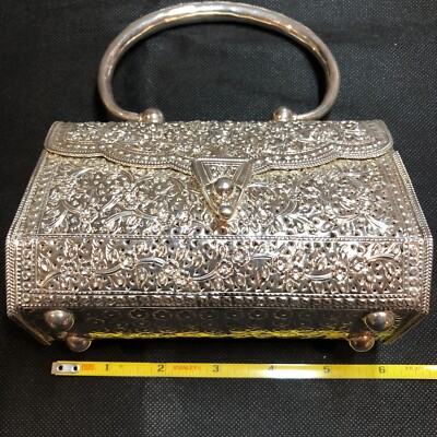 STERLING SILVER PURSE HANDBAG FILIGREE FLORAL ANTIQUE 374g