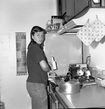 Vintage  Negative B&W Med Format Young Girl Woman Lady Cooking 1970's