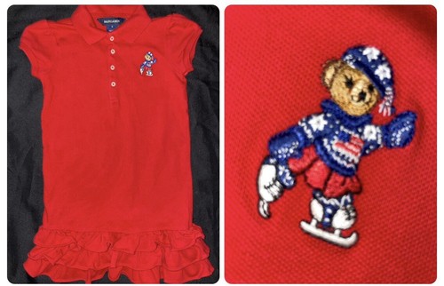Ralph Lauren Dress Girls Sz 6 Bear Polo Red Ruffled Skating Patriotic Flag USA