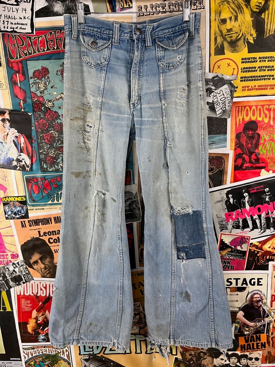 Vintage 70s Light Wash Distressed Thrashed Patched Denim Vintage 70s Light Wash Distressed Thrashed Patched Denim