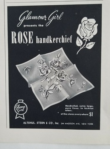 1949 women's Glamour Girl rose pattern handkerchief vintage fashion ad