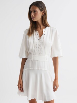 【海外限定】REISSワンピース☆Ivory Kimberly Ruffle Hem Belte Reiss Womens IVORY FELICITY HIGH NECK LACE MINI DRESS | eBay