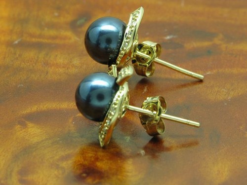 14kt 585 Gelbgold Ohrstecker mit Süßwasserperlen & 0,12ct Diamant Besatz / 3,6g - Picture 3 of 6