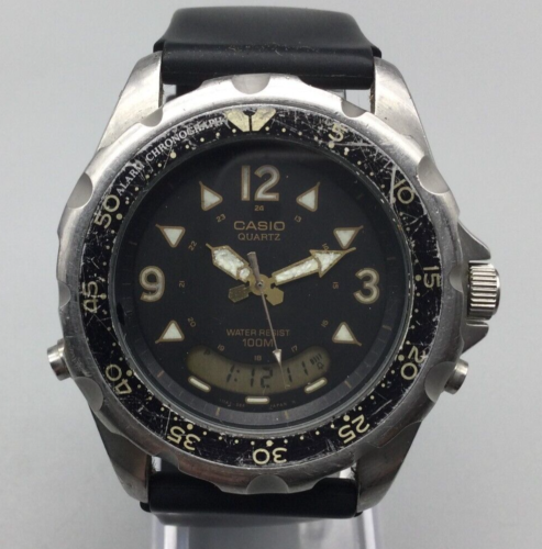 Reloj Casio De Colección Para Hombre Tono Plateado Esfera Negra 388 AD-520 Batería Nueva - Imagen 1 de 16