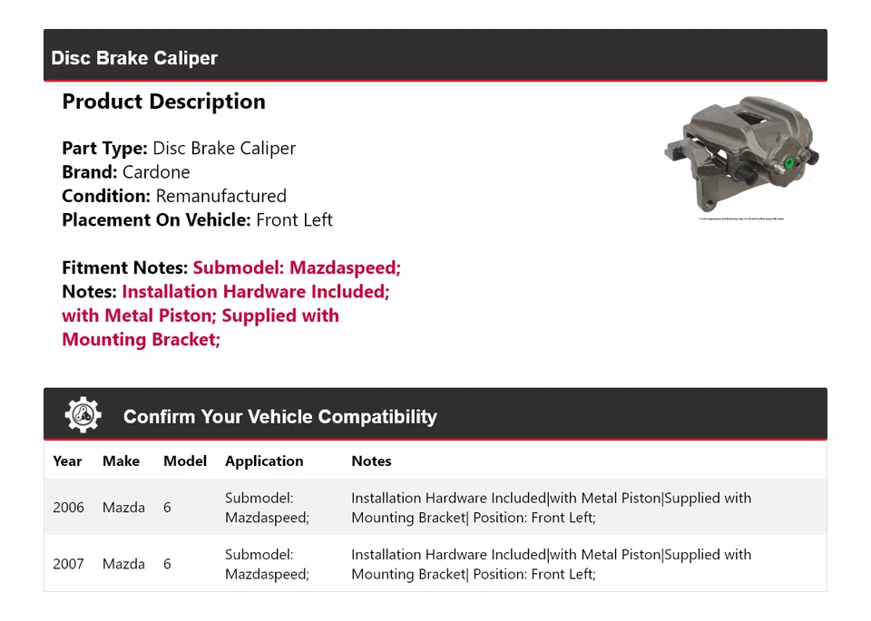 Pinza de freno de disco delantera izquierda cardone para Mazda 6 Mazdaspeed 2006-2007 Foto 2 de 4
