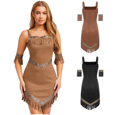 Damen Retro Indianerin Kostüm Indianer Wildleder Kleid Minikleid Cosplay Kostüm - Bild 1 von 4