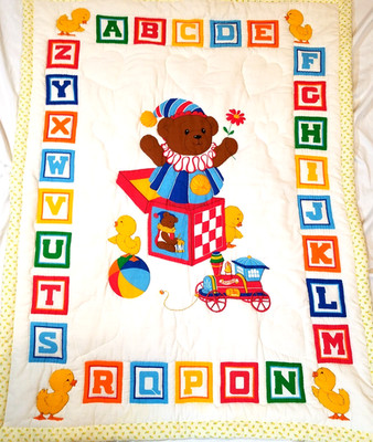 Vintage Baby Quilt Blanket  Alphabet Teddy Bear Train Nursery 43''X 33.5''