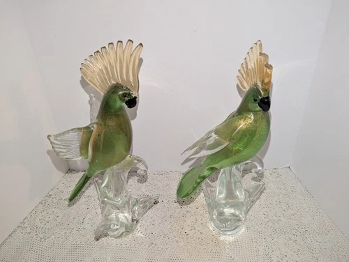 Pair Of Vintage Murano Art Glass Bird Parrot Tall 14" Green Gold Flecks Statues