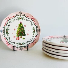 6 Potter's Studio Christmas Tree Plate Set Holiday Pink Trim Dessert,8.5", New
