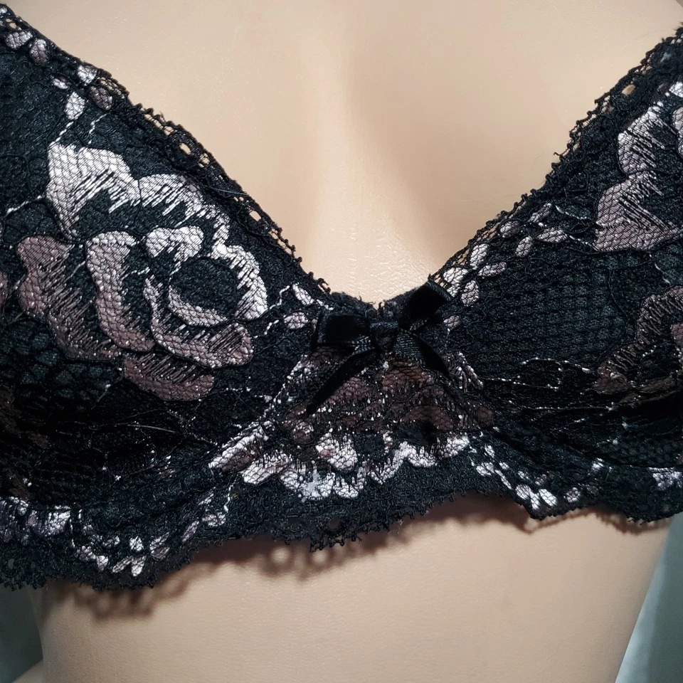 FELINA Balconette Bra BLACK & PINK FLORAL Padded Embroidered Women's 36B - Image 3 of 4