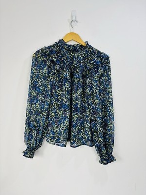 Boden Bluse Damen Größe 8 blau grün Blumen Chiffon transparent Rüschen Glitzer formell