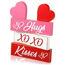 5 Pcs Valentine's Day Decorations Wooden Heart Blocks Signs Hugs Kisses 