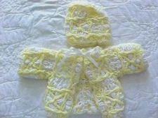 Infant Baby Sweater and Hat Hand Crocheted Unisex Acrylic Yarns Yellow and White