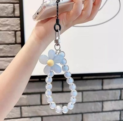 Light Blue Daisy Crystal Bead String Keychain, Mobile Phone Lanyard Key Holder