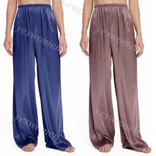 Women Wide Leg Pajama Pants Satin Silk Loose Long Lounge Pants Pj Bottoms Pocket