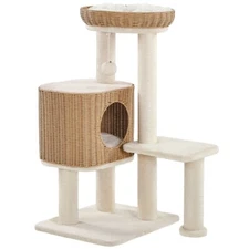 36in PE Rattan Cat Tree w/ Long Scratching Post, Woven Condo, Basket, Cushion