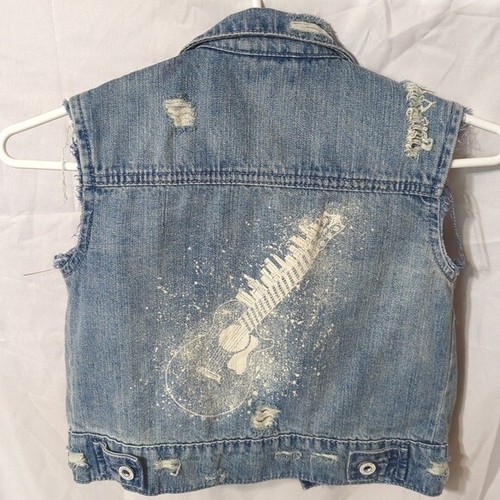 Art Class Girls Denim Vest Studded Guitar Graphic Distressed Sleeveless XS 77 - Picture 2 of 7