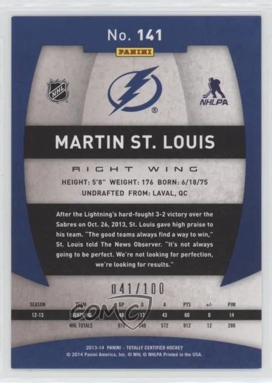 2013-14 Totally Certified Platinum Red /100 Martin St Louis #141 HOF - Image 2 of 2