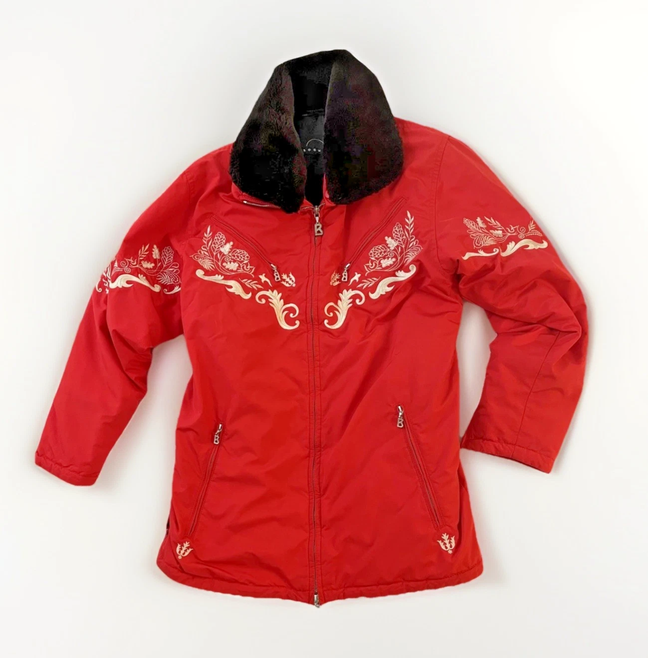Vintage Bogner Ski Jacket Womens Sm Med Red Embroidered Belted Faux Fur USA 80s