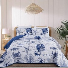 Navy Blue Quilt Set Queen Coastal Beach Theme Quilt Coverlet Set Soft Microfi...