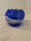 Fenton Cobalt Blue Art Glass Rose Bowl Painted Winter Scene EXC
