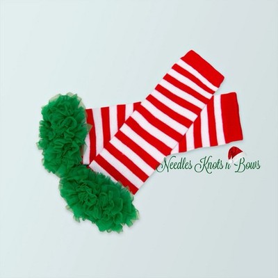 Red White Striped Christmas Leg Warmers with Green Ruffles, Baby Toddler Girls