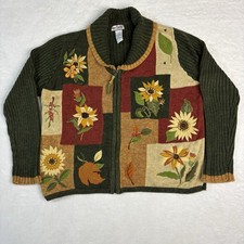 Vtg Womens Tiara International Full Zip Sun Flower 3D Cardigan Sweater Large