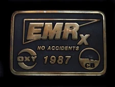 UA15146 *NOS* 1988 **EMR X NO ACCIDENTS OXY CB** OILFIELD SOLID BRASS BUCKLE
