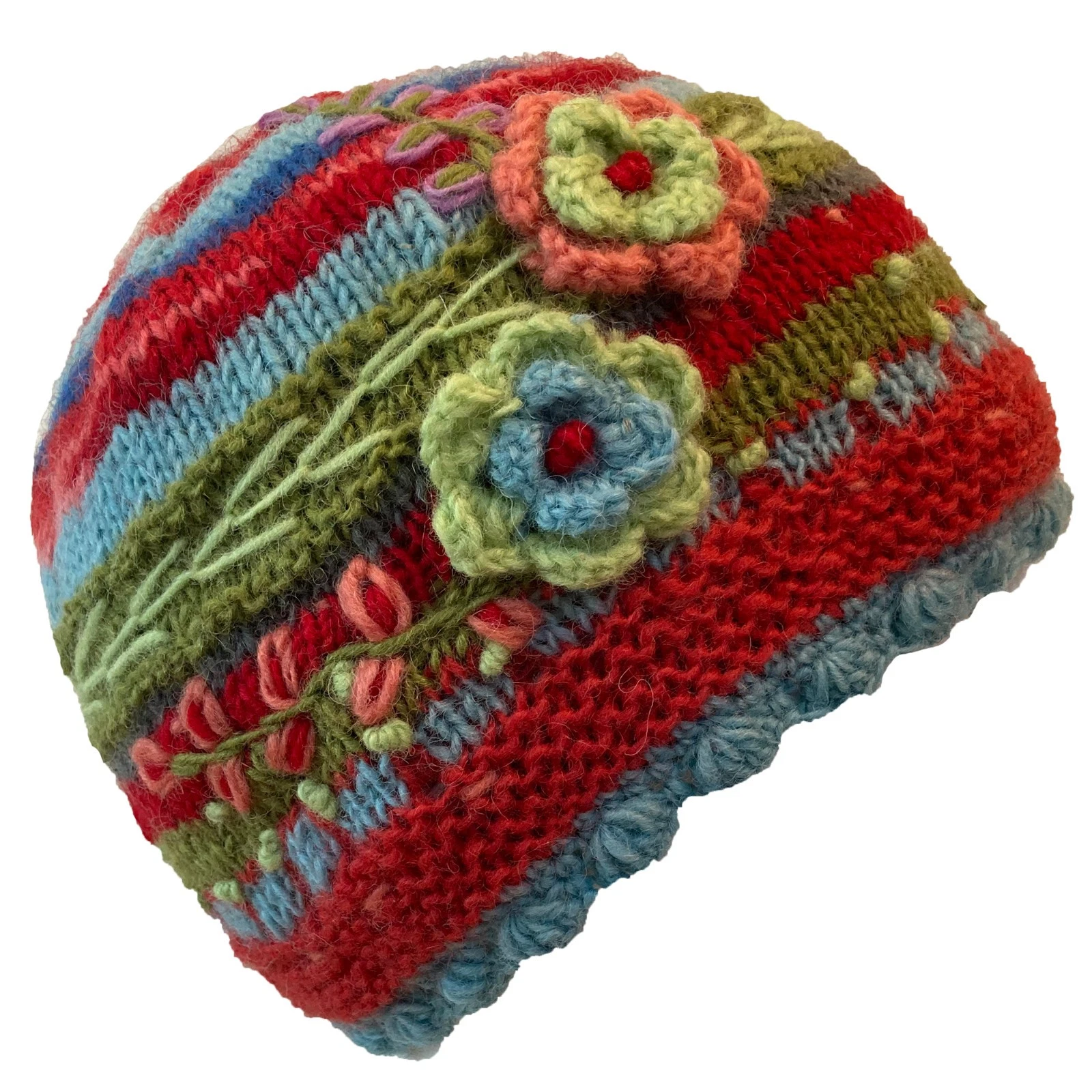 Beautiful Lined Knitted Beanie Hat With Flower Embroidery in Turquoise/Red/Green