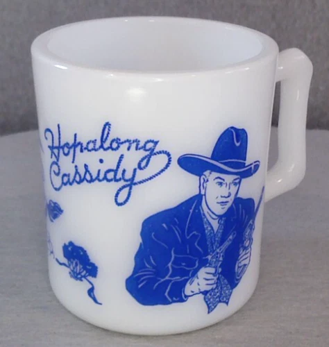 Vtg MCM Hazel Atlas Kids Hopalong Cassidy Milk Glass Mug Blue 1950s Western TV