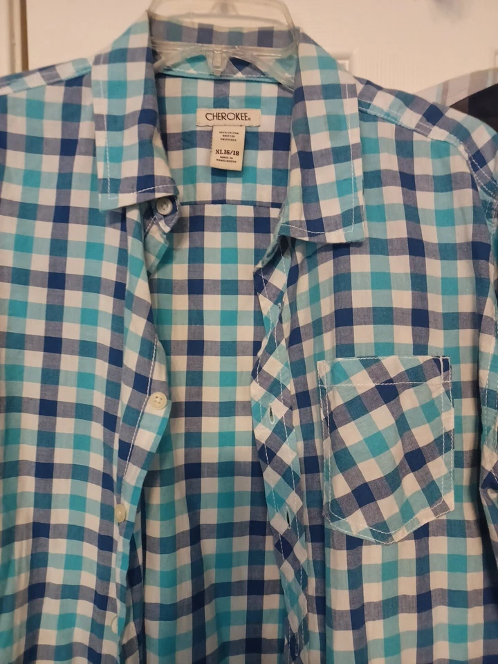 Lot Of 2 Boys Shirt Check N Plaid Button Up Blue Green XL 100% Cotton Full Sleev - Image 2 of 4