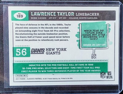 2017 Panini Classics Lawrence Taylor #189 New York Giants HOF | eBay