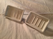 Lot 2 Vintage White PORCELAIN Bathroom SOAP DISHES w Mounts on Bottom