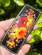 Vintage Russian Lacquer Hand painted Floral Yellow Orange Red Barrette Hair Clip