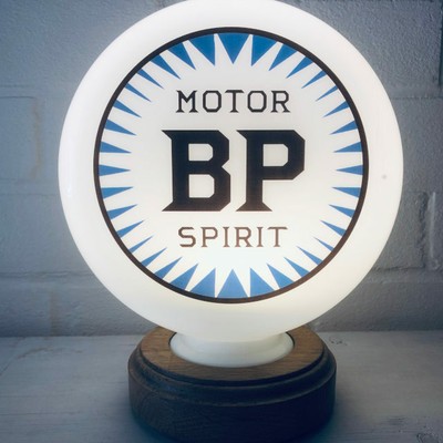 BP Motor Spirit Mini Gas Petrol Pump Globe Solid Oak Base LED Desk Lamp UK EU US