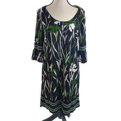 LOFT Womens Size 8 Green Black Floral Dress 3/4 Sleeve Scoop Neck Shift  Style | eBay