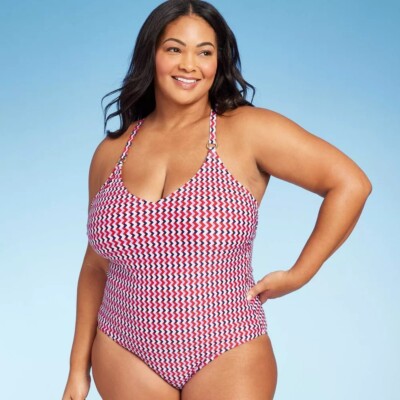 Kona Sol 1 Piece Swimsuit Women's Size 22 2X Red & Blue Geo Print w/ Ring Detail
